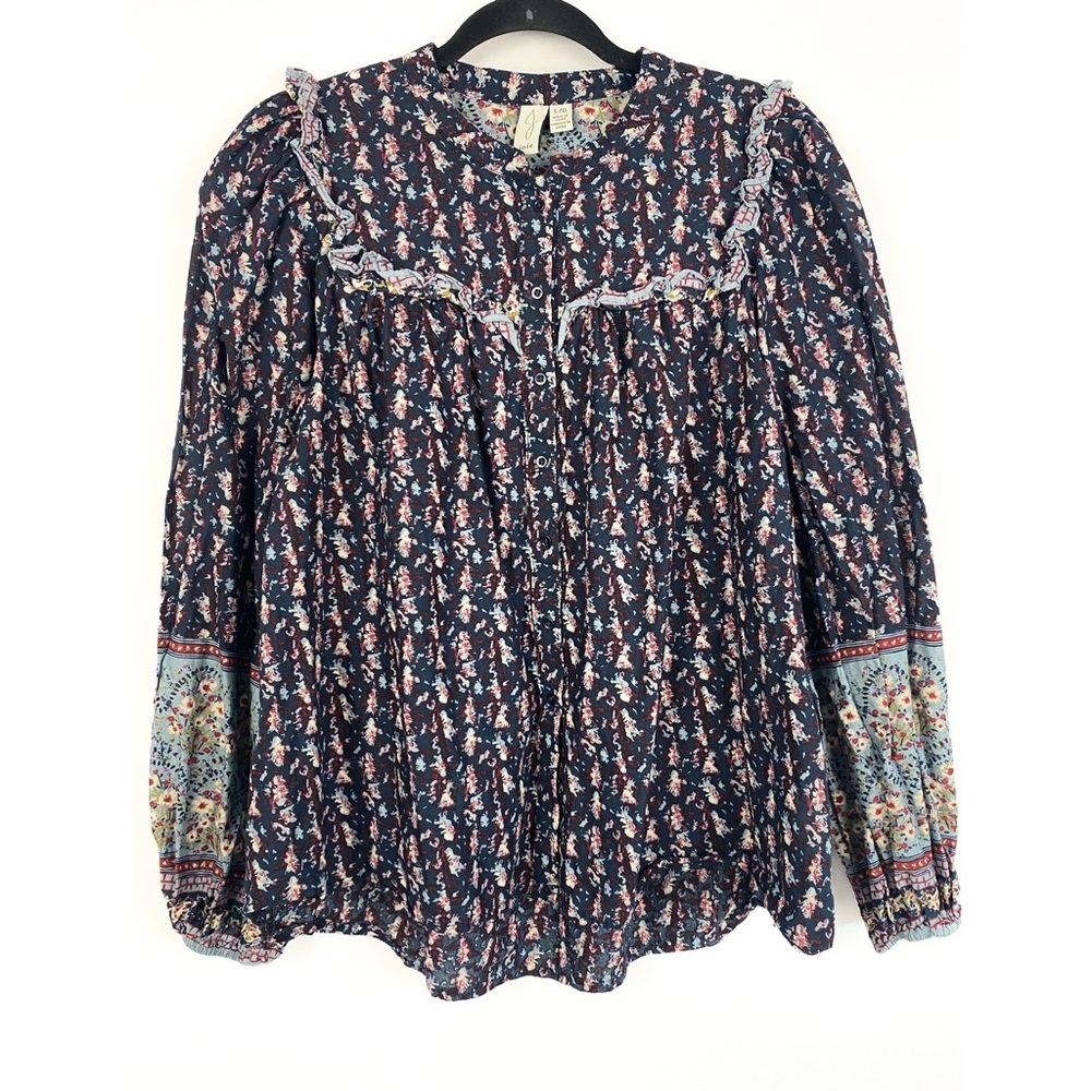 Joie Womens Cotton Floral Button Up Blouse‎ L Navy Peasant Cottagecore Ruffle